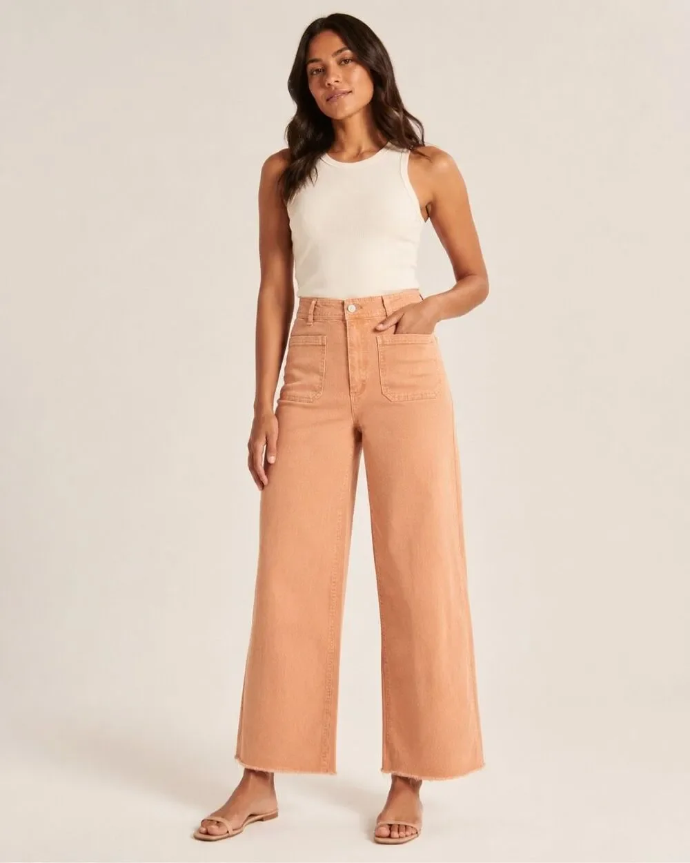OAT New York High-Rise Wide-Leg Patch Pocket Jeans Raw Hem 8/29 Stretchy #1600